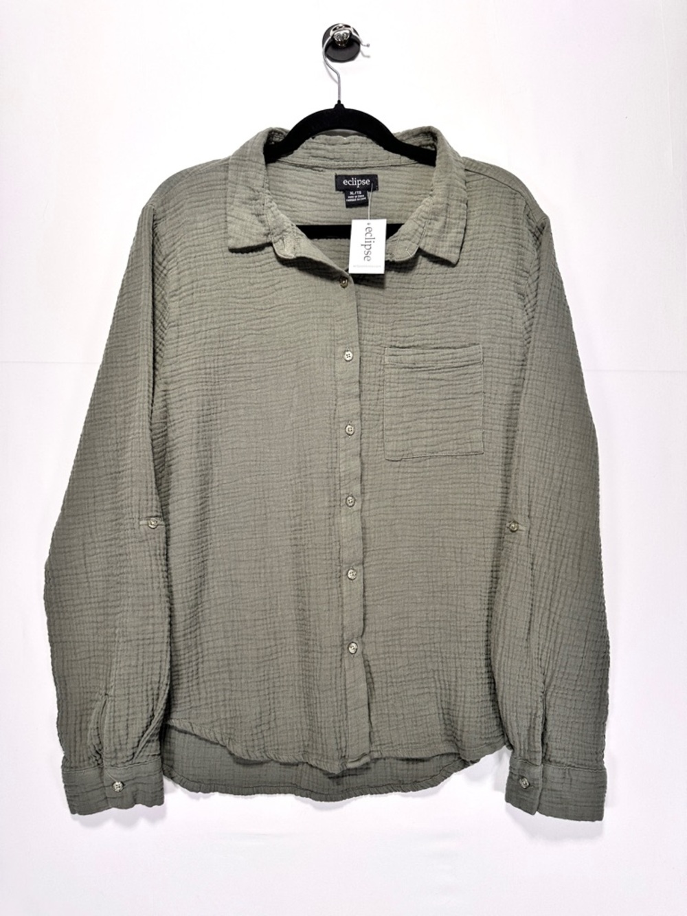 Eclipse Olive Green Gauze Button Down Shirt Cotton Lightweight Effortless XL